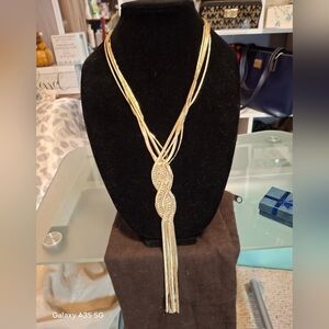 Chico's Elegant Gold and Crystal Beaded Woven Chain Necklace